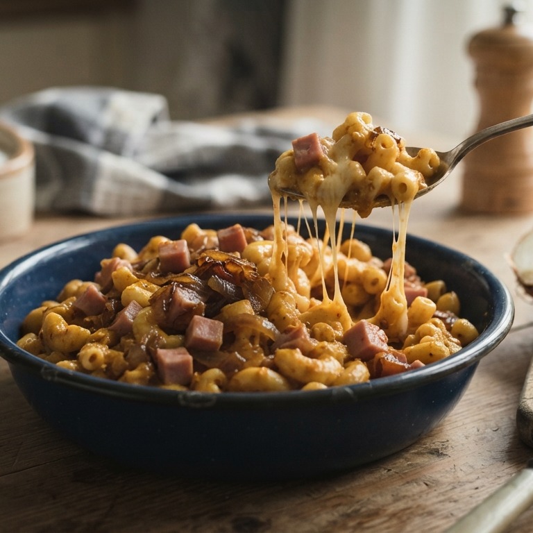 Macaroni met ham, ui en kaas recept