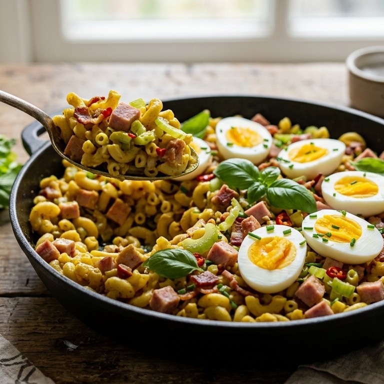 Macaroni met kerrie en ham en eieren recept