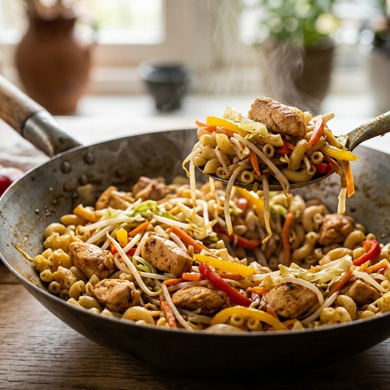 Macaroni met kip en roerbakgroente recept