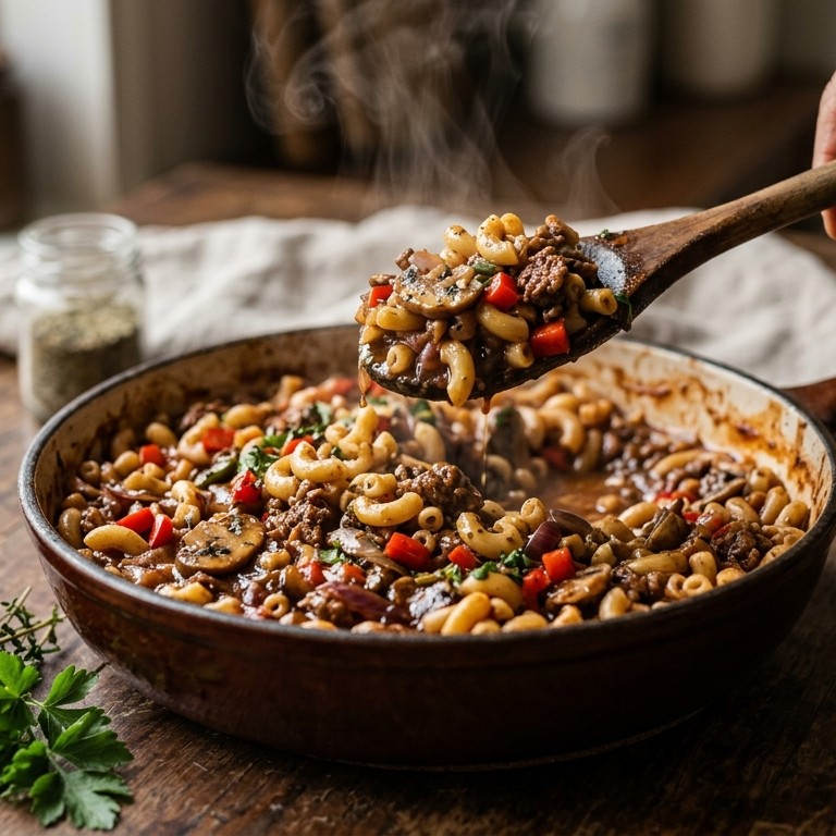 Macaroni met paprika, champignons en rundergehakt recept