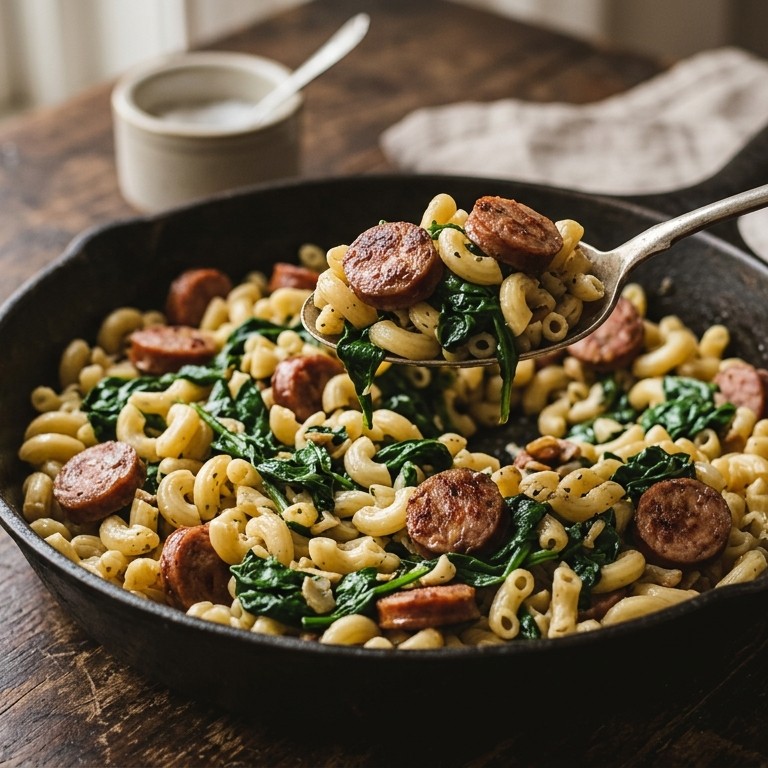 Macaroni met spinazie en runderworst recept