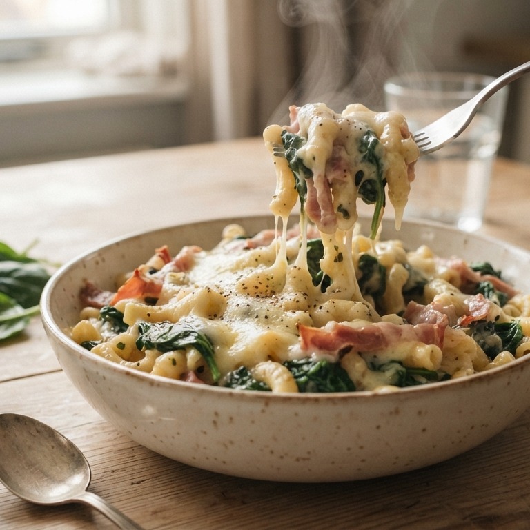 Macaroni met spinazie, ham, room en kaas recept