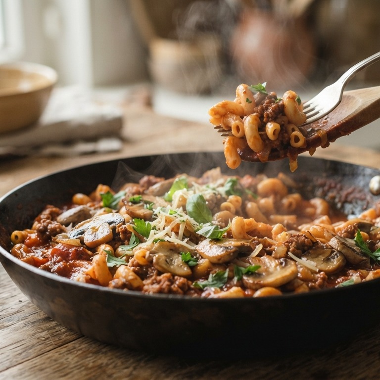 Macaroni  met tomaat, gehakt en champignons recept