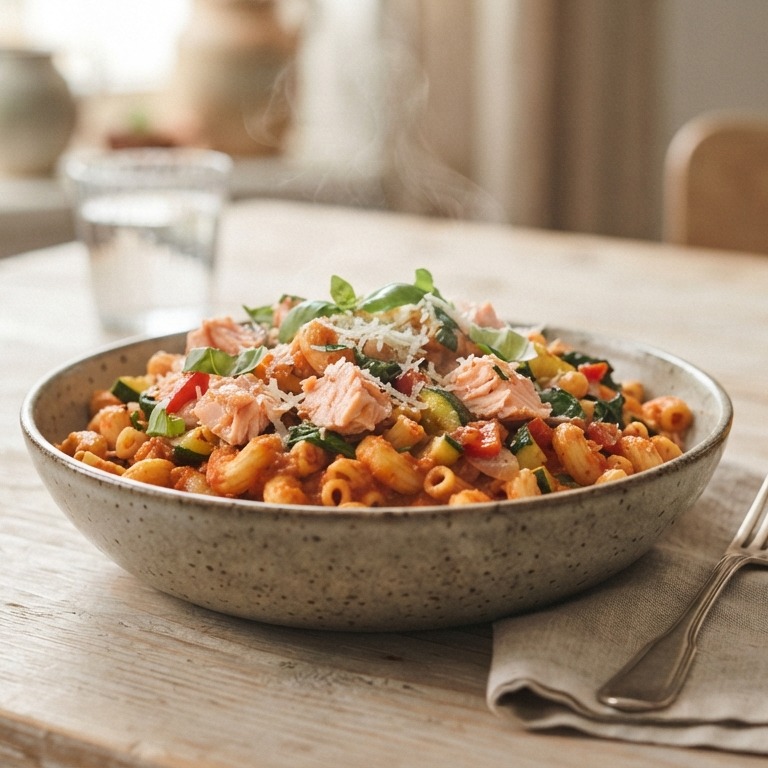 Macaroni met tomatensaus en zalm recept