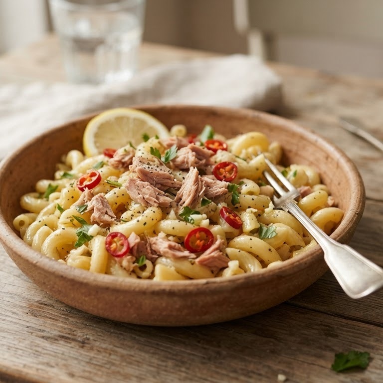 Macaroni met tonijn, knoflook en rode pepers recept