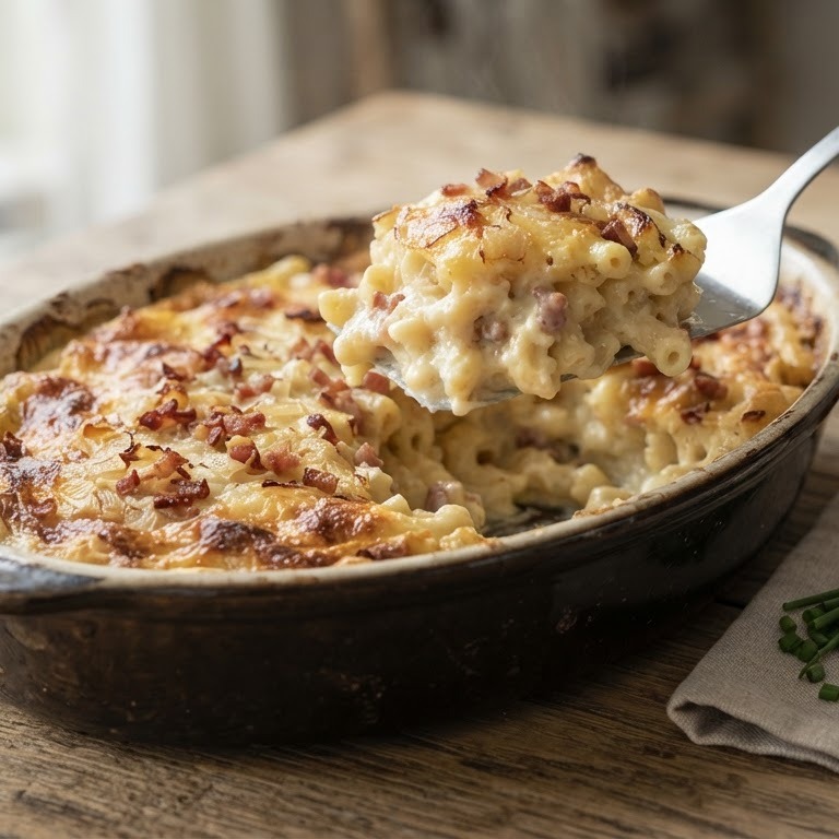 Macaroni-ovenschotel met ui en monchou recept