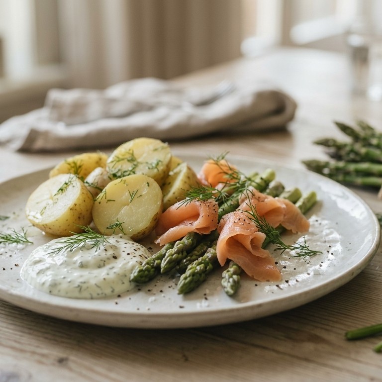 Magere zomerschotel met asperges en gerookte zalm recept