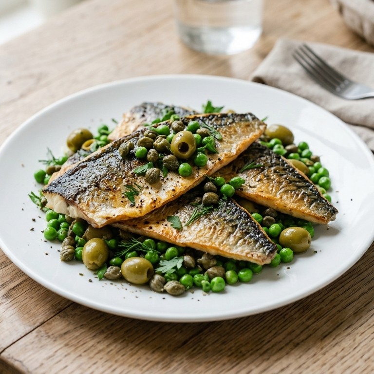 Makreel met kappertjes, olijven en doperwten recept