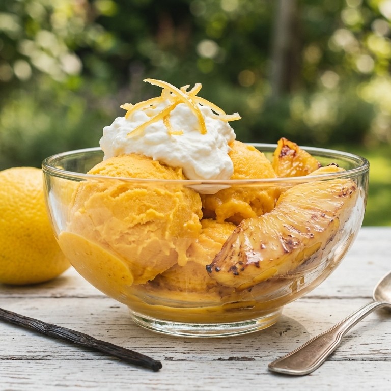 Mangoijs met gekarameliseerde ananas en citroenschil recept