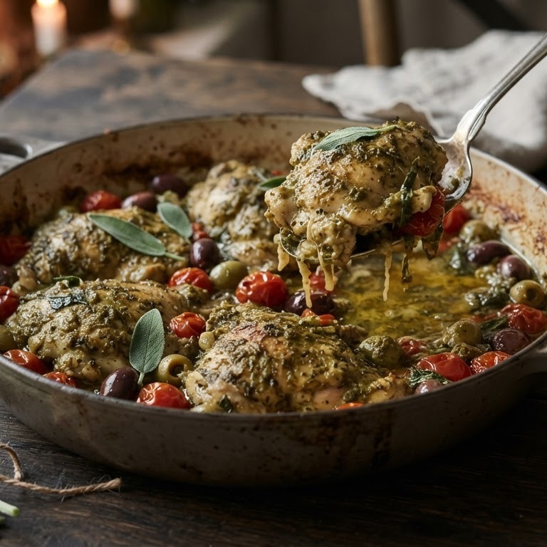 Mariannes zachtgestoofde groene pesto kip recept