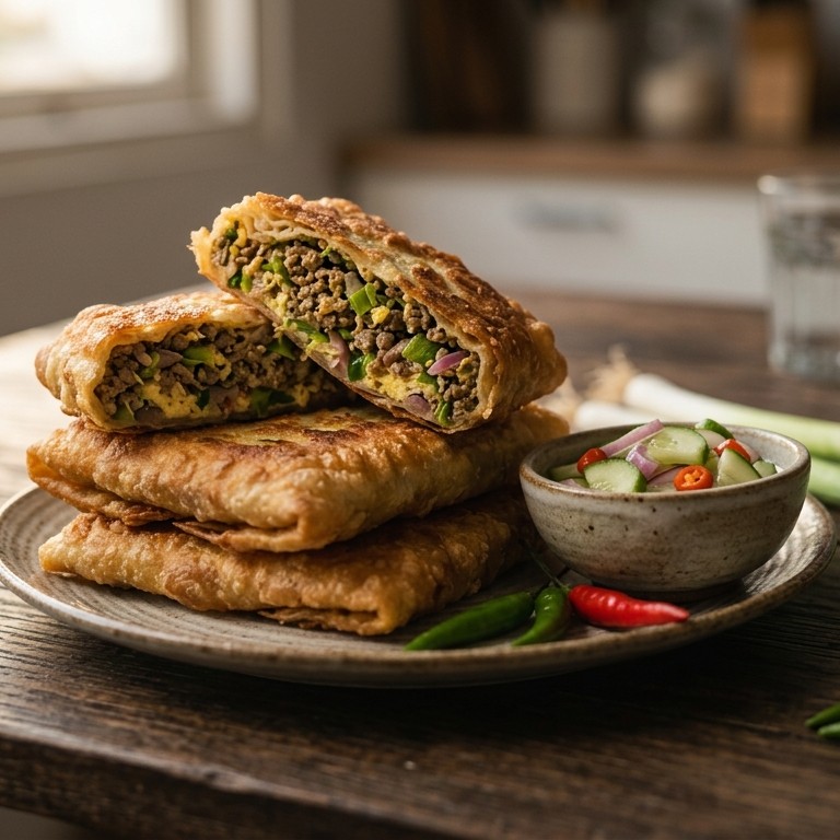 Martabak Isi Daging (gebakken pakketjes met gehaktvulling) recept