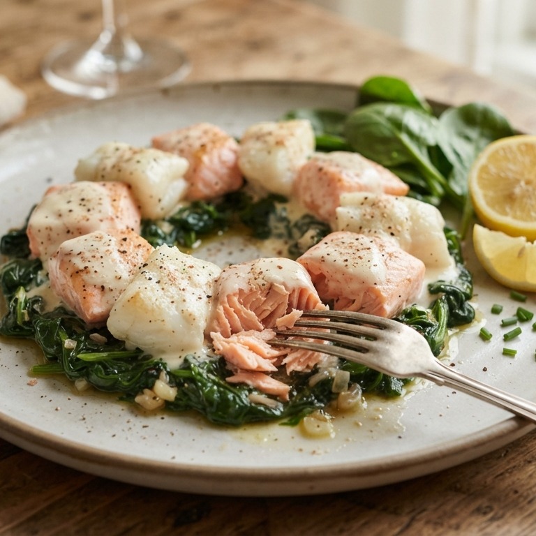 Medaillons van zalm en kabeljauw op een bedje van spinazie recept