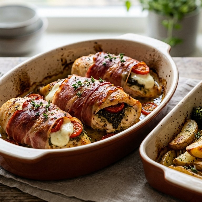 Mediteraanse gevulde kip en aardappelpartjes uit de oven recept