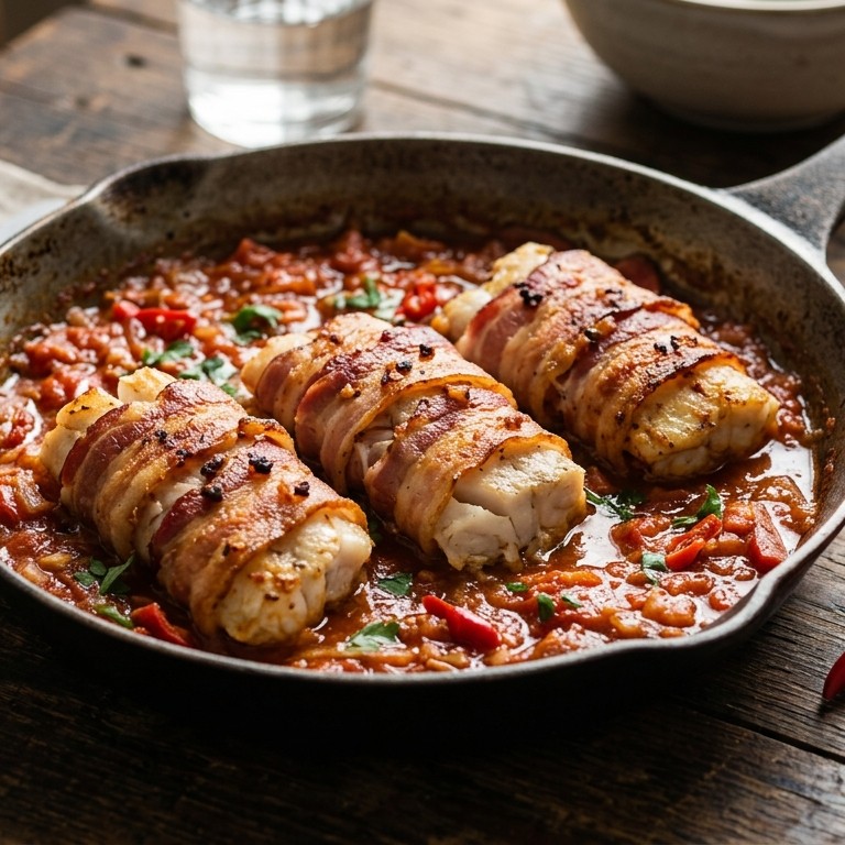 Meerval met spek en pittige tomatensaus recept