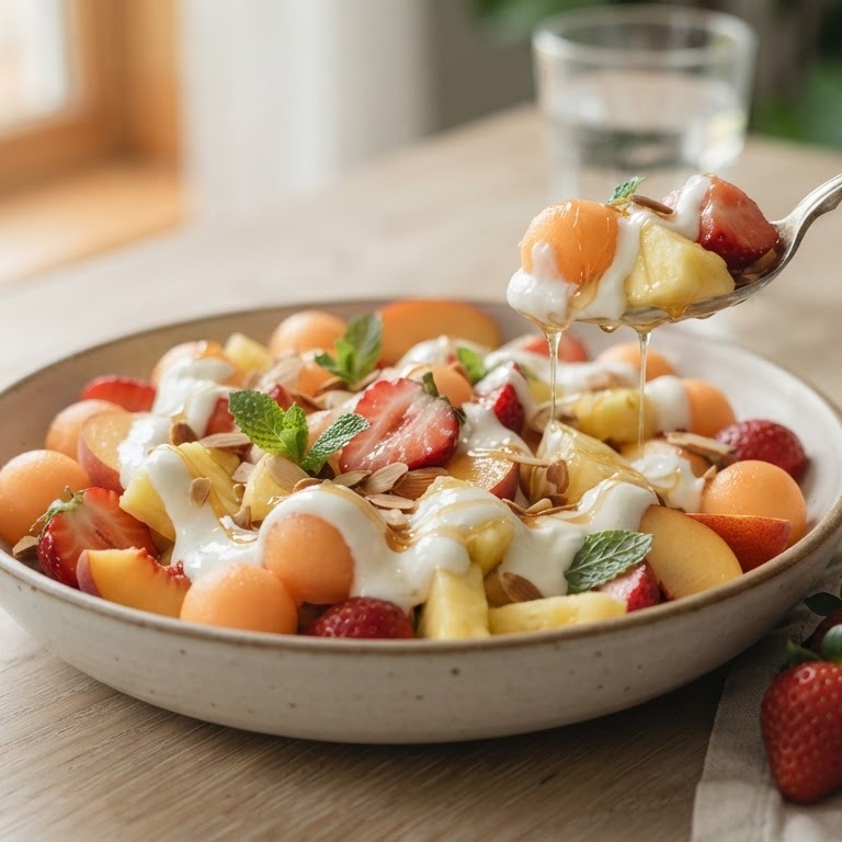 Meloen-vruchtensalade met honing en yoghurt recept