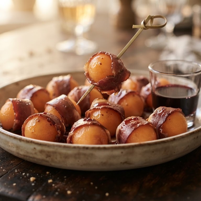 Meloenbolletje met rookvlees en port recept