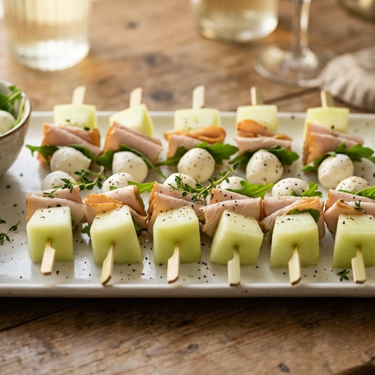 Meloenspiesjes met gerookte kip recept