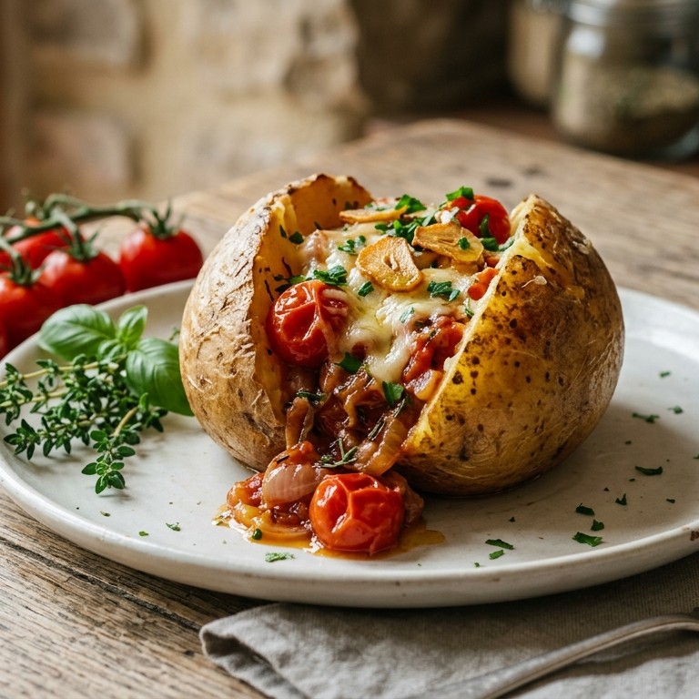 Met kerstomatenragout gevulde aardappel recept