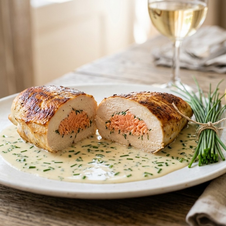 Met zalm gevulde kipfilet met bieslooksaus recept