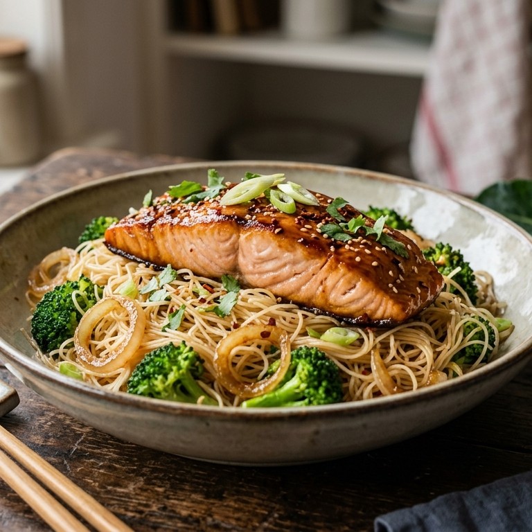 Mihoen met zalm en broccoli recept