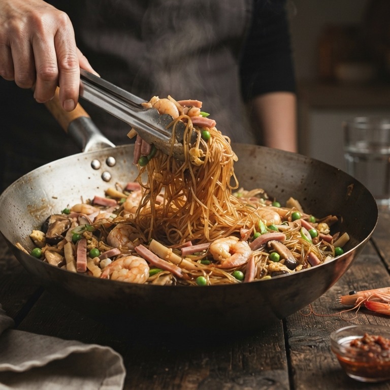 Mihoen shanghaimi (mihoen met hamlappen, garnalen en groenten) recept