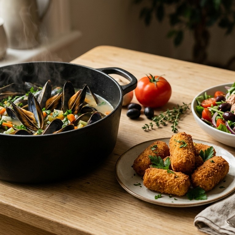 Mosselen met aardappelkroketjes en salade recept