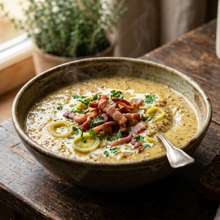 Mosterdsoep met spekjes en prei recept