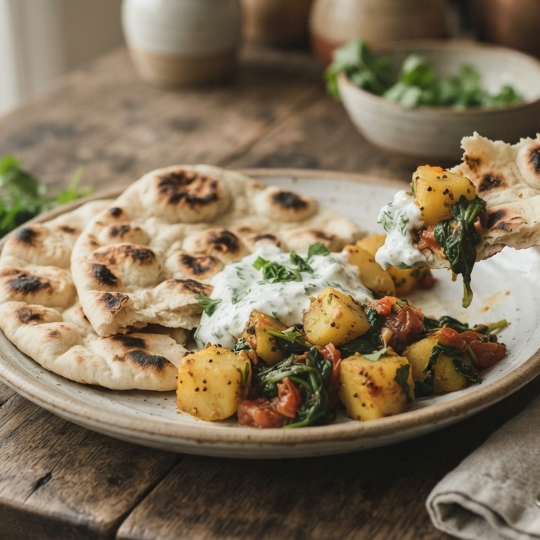 Naanbrood met pikante aardappels recept