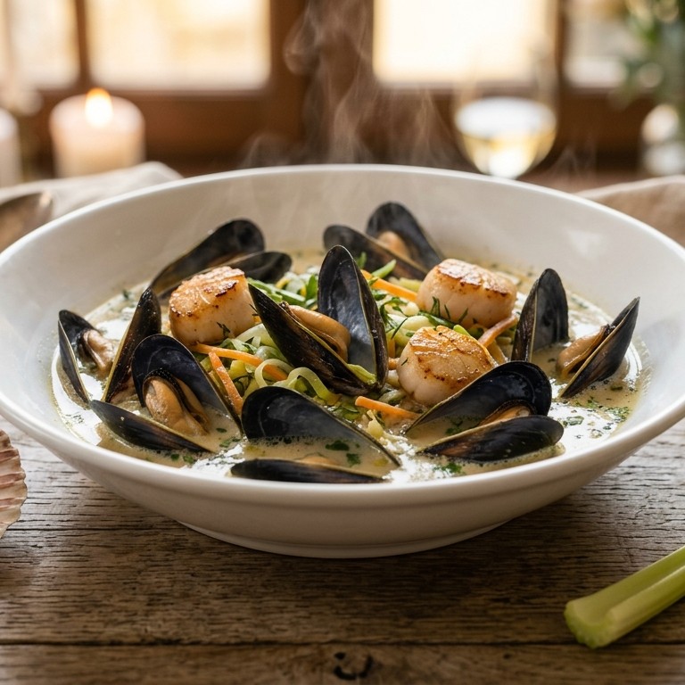 Nage van mosselen en Sint-jakobsvruchten (coquilles) recept