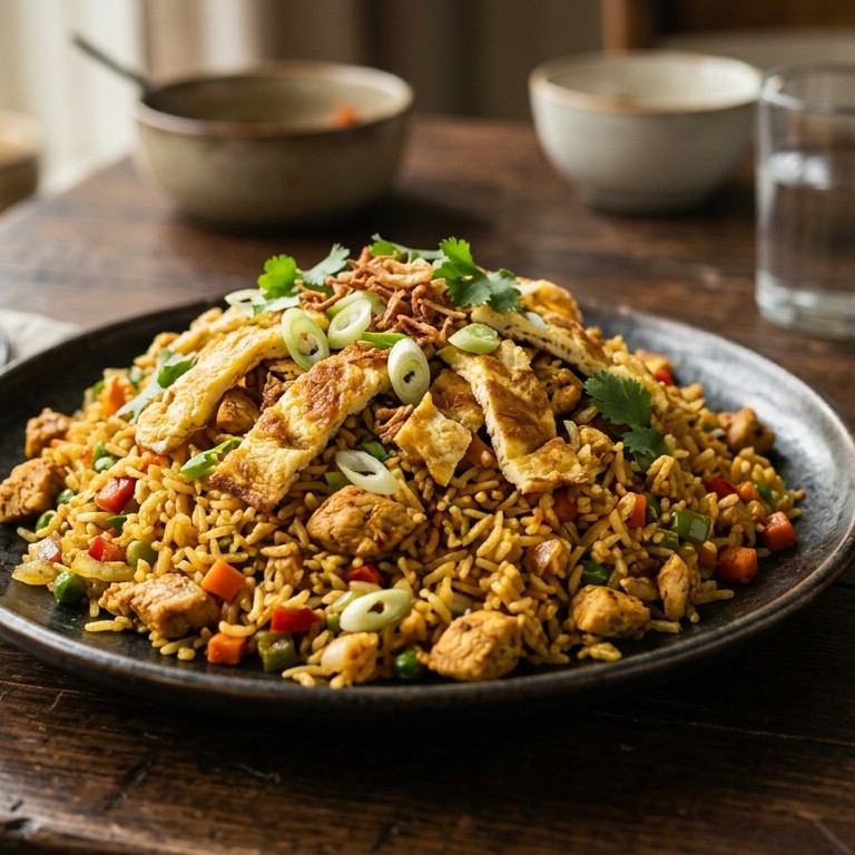 Nasi met kip, omelet en pikante zoet-zure saus recept