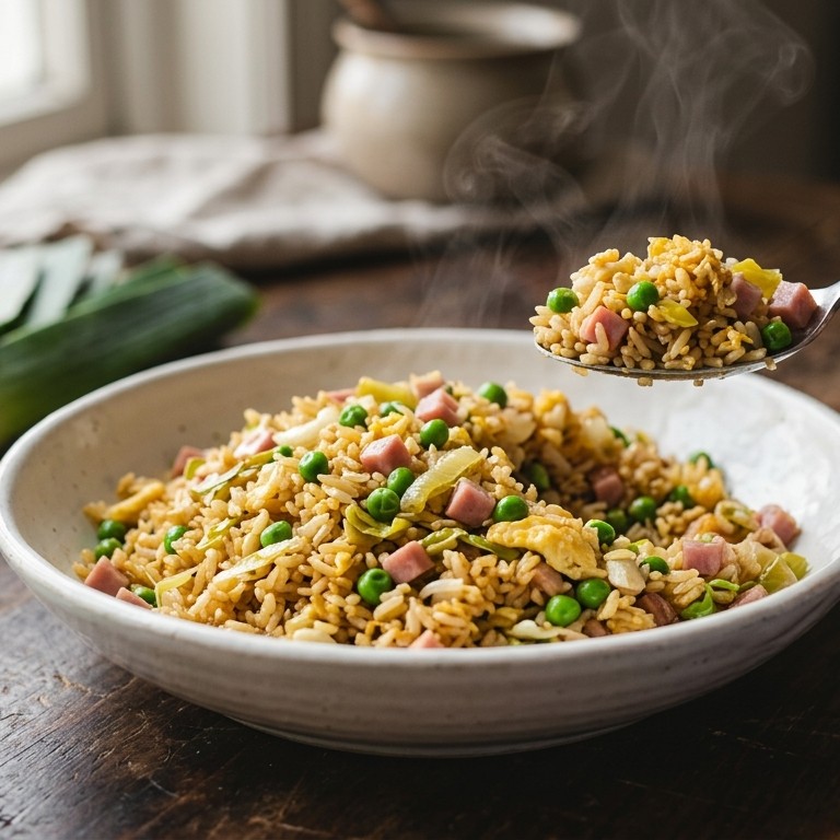 Nasi peck swie (gebakken rijst met ei erwten en ham) recept