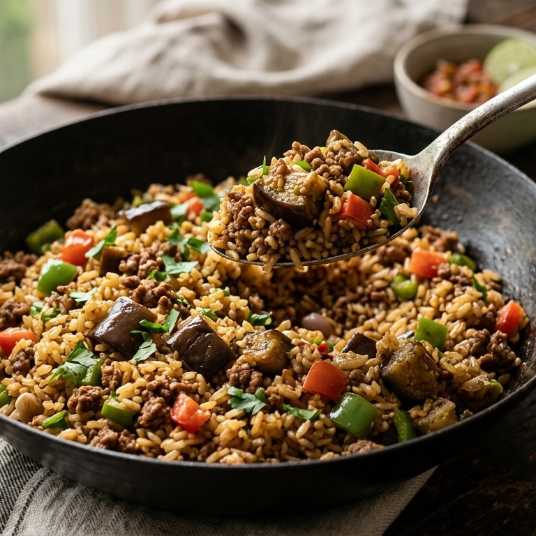 Nasi Terong (gebakken rijst met gehakt, paprika en aubergine) recept