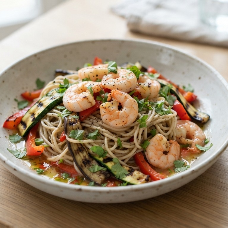 Noedelsalade met gamba's gegrilde groenten en tomaten-limoendressing recept