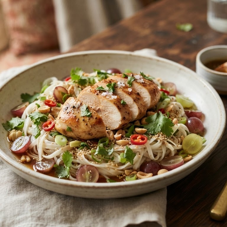 Noedelsalade met kipmedaillons recept