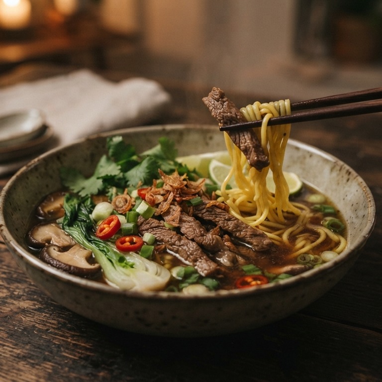 Noedelsoep met pikante rundvlees recept