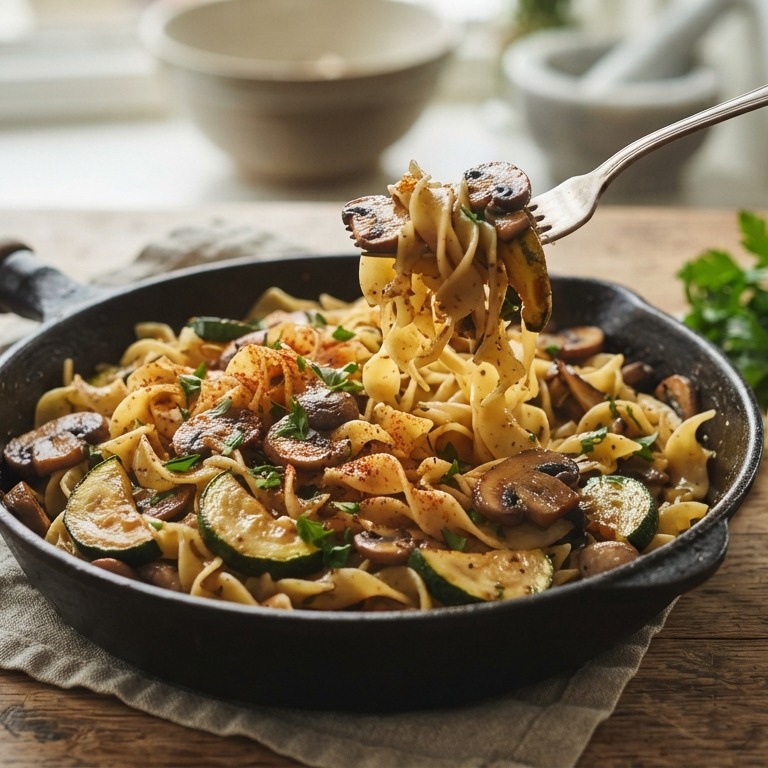 Noodles met courgette en champignons recept