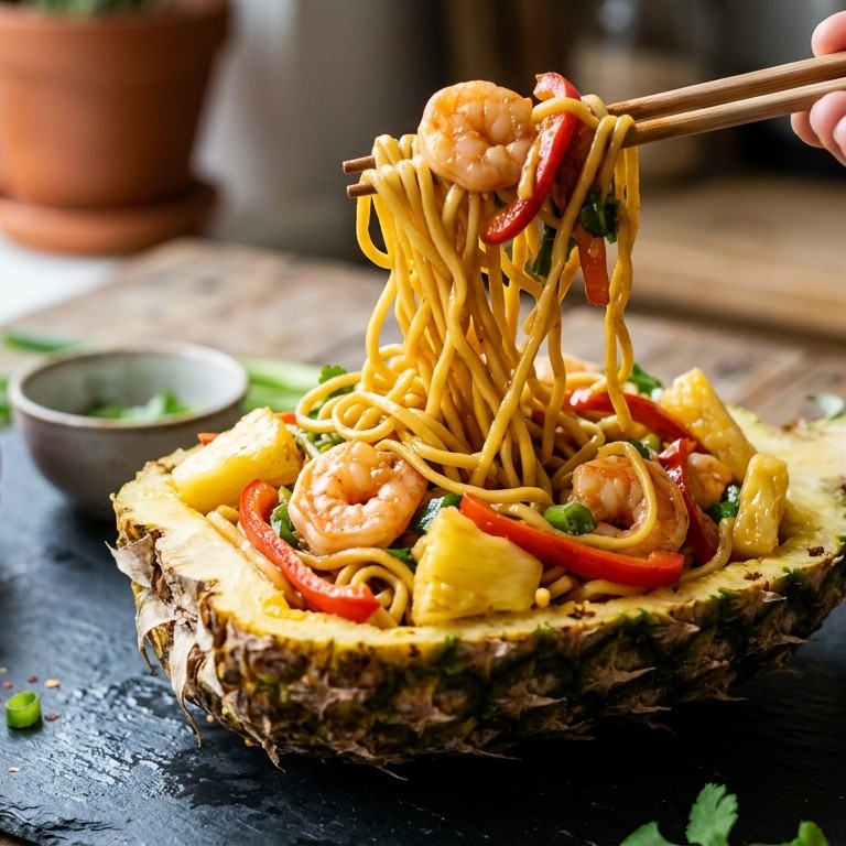 Noodles met garnalen, ananas en zoetzure saus recept