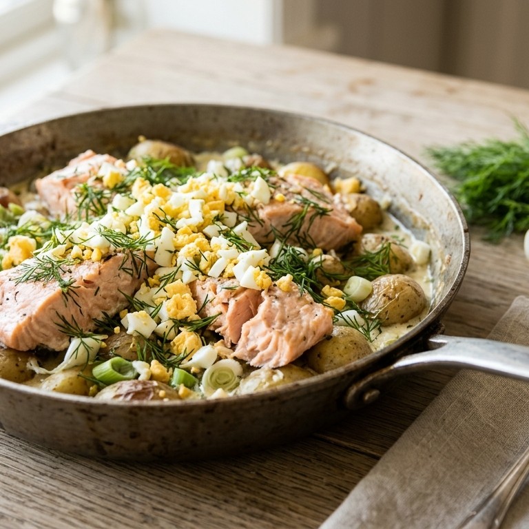 Noors zalmpannetje met bosui, ei en dille recept