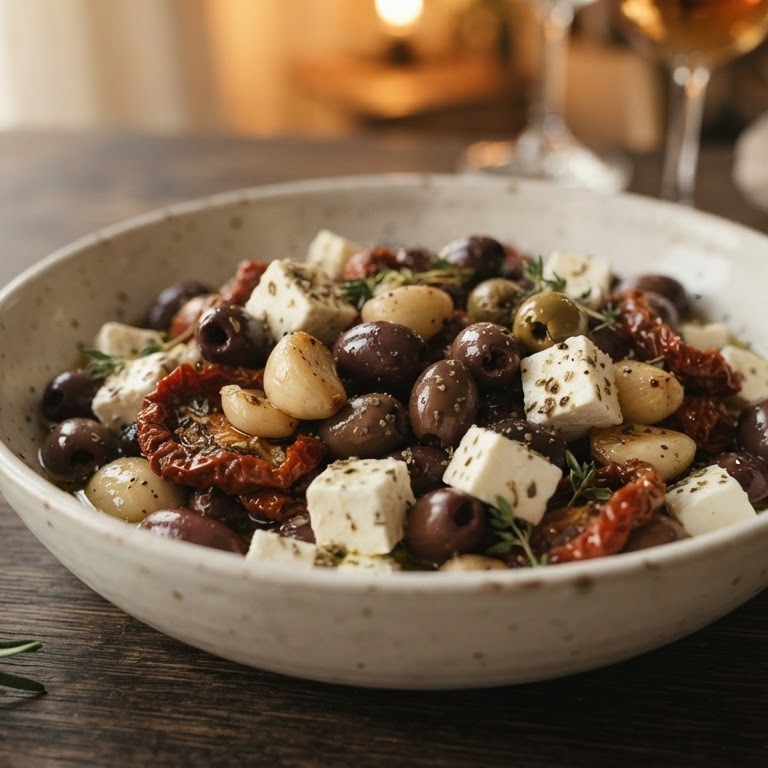 Olijven met feta, gedroogde tomaatjes en knoflook recept