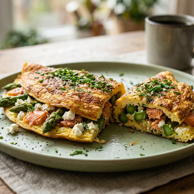Omelet  met feta, asperge en zalm recept