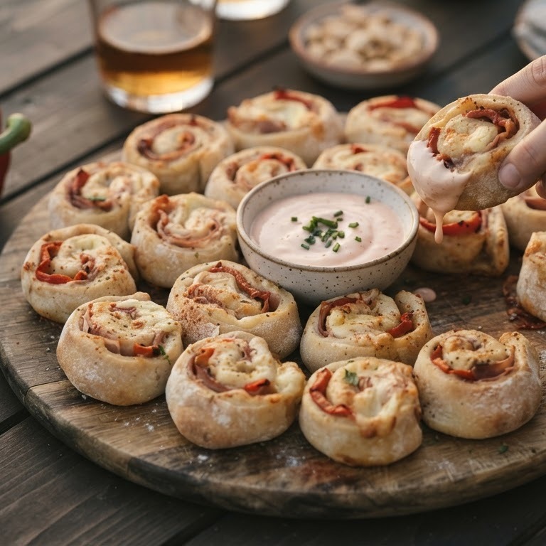 Opgerolde gevulde broodjes met een dipsausje recept
