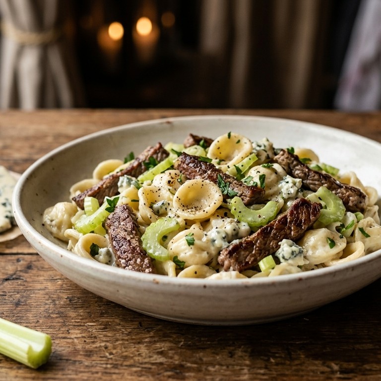 Orecchiette met biefstukreepjes en blauwekaasdressing recept