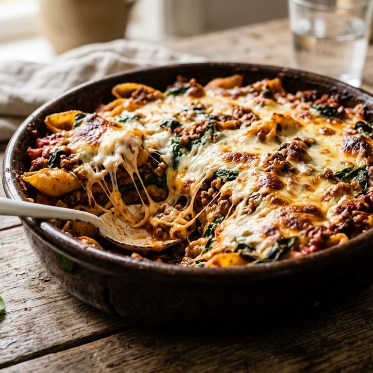 Ovenpasta met kaas en spinazie recept