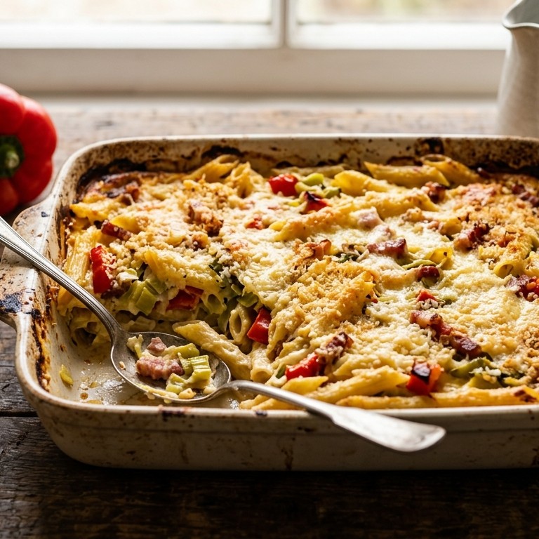 Ovenpasta met prei, paprika en spekjes recept