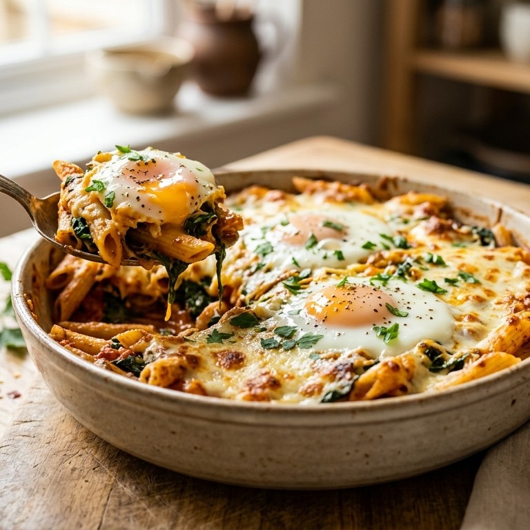 Ovenpasta met spinazie en ei recept