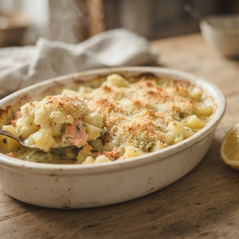 Ovenschotel met bloemkool en gerookte zalm recept