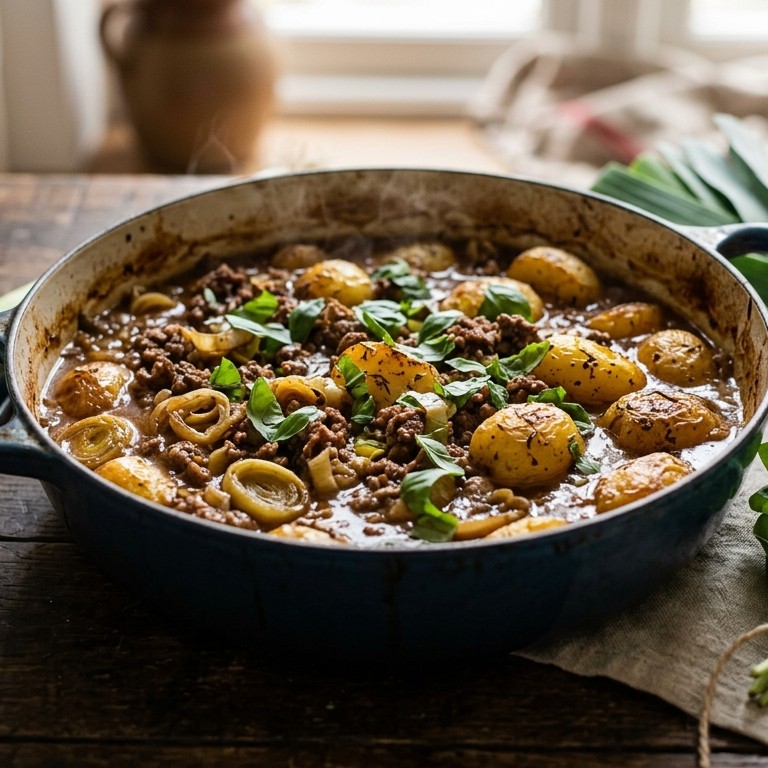 Ovenschotel met gehakt, prei, krieltjes en basilicum recept