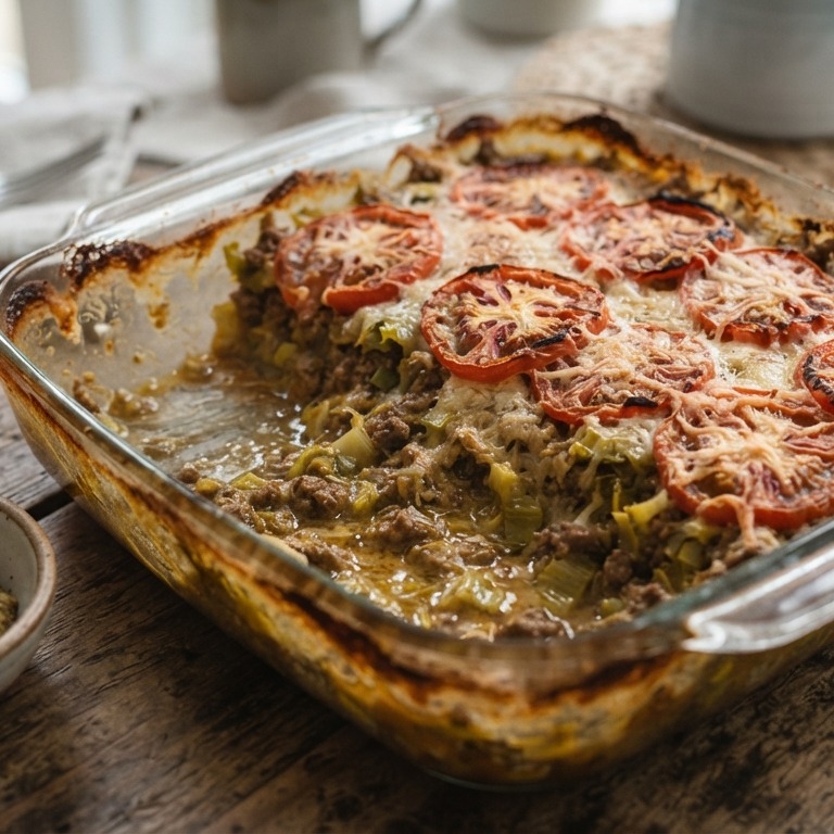Ovenschotel met gehakt, prei, mosterd en tomaat recept
