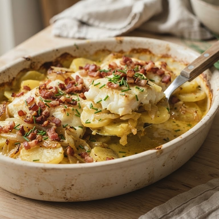 Ovenschotel met kabeljauw en spekjes recept