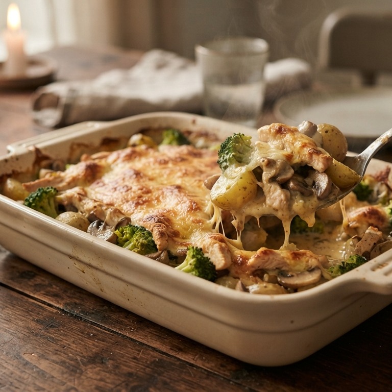 Ovenschotel met kip, broccoli, champignons en krieltjes recept